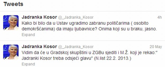 Jadranka Kosor na Twitteru: Kako bi bilo da oženjenim političarima Ustavom zabranimo ljubavnice?
