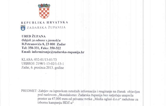 Objavljujemo reagiranje Zadarske županije
