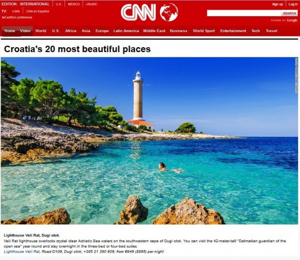 Na CNN.com Travel objavljena fotogalerija  “20 najljepših mjesta Hrvatske”, izdvojeni  svjetionik Veli Rat i Pozdrav suncu