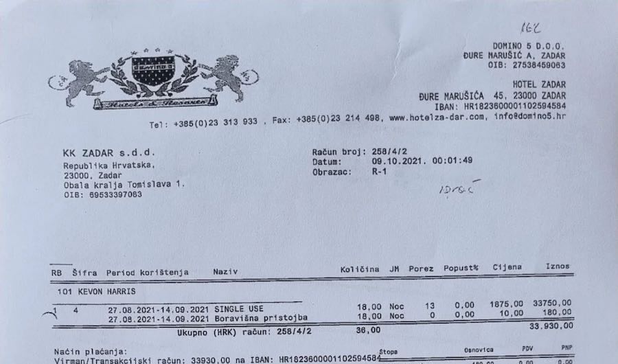 RUBEŠA: Ovo su računi za smještaj igrača KK Zadra za period od 10. kolovoza do 22. rujna prošle godine u hotelu ZaDar u Arbanasima! DORH u ovome nije našao ništa sporno?